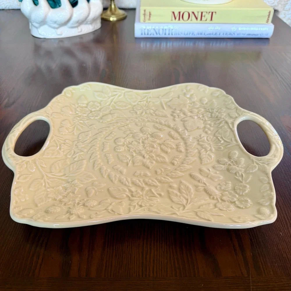 Vintage English Meadow Embossed Floral Ceramic Platter, Julia Bullmore
